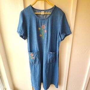 Vintage Blair Dress Blue Embroidered Pockets Short Sleeve Pullover Denim Size Lg